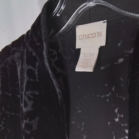 CHICO'S BLACK VELVET BURNOUT FRINGE OPEN CARDIGAN SHAWL WRAP SIZE S/M - Picture 3 of 3